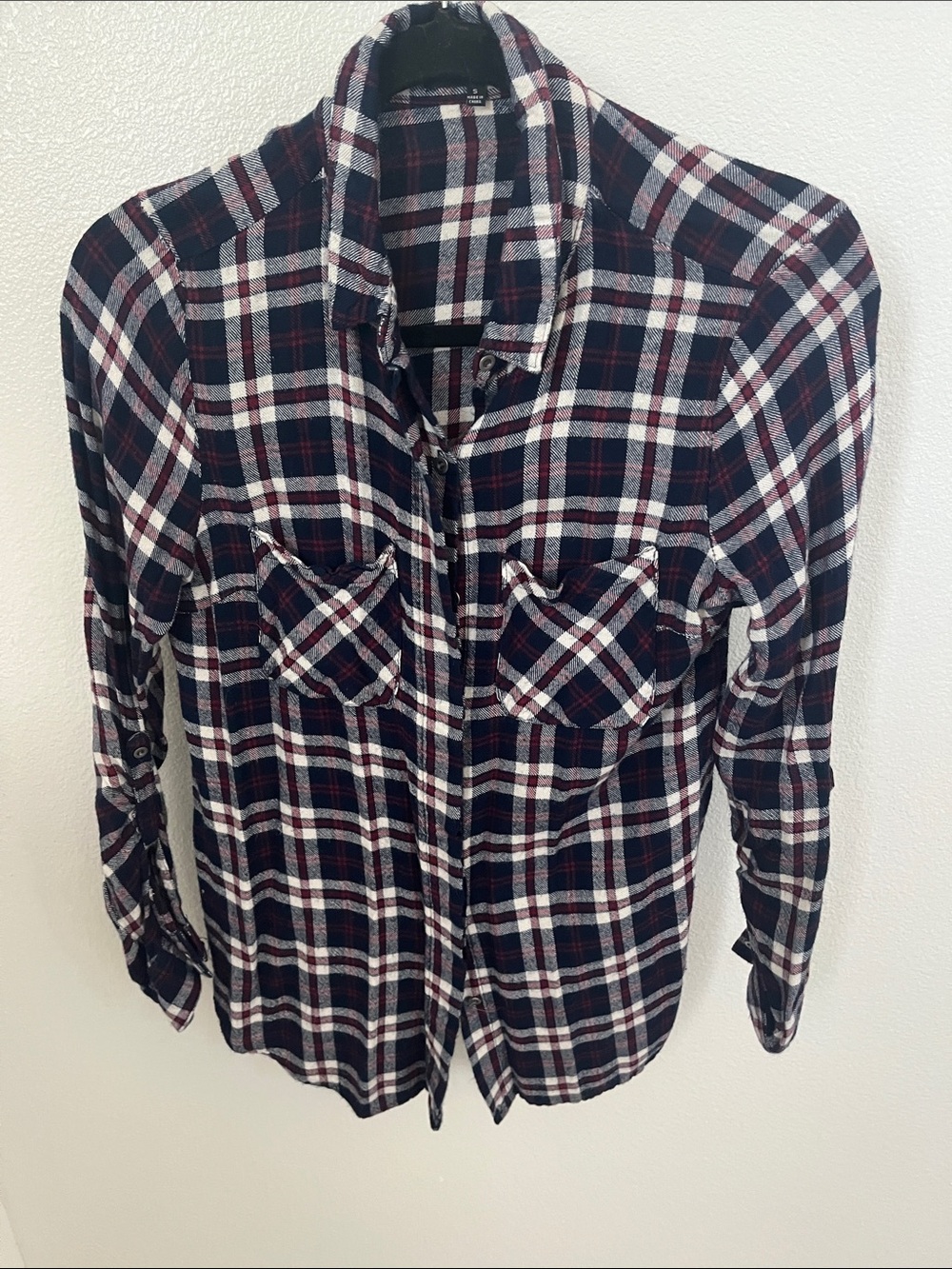 Women's Plaid Button-Down Shirt - Black, White & Burgundy